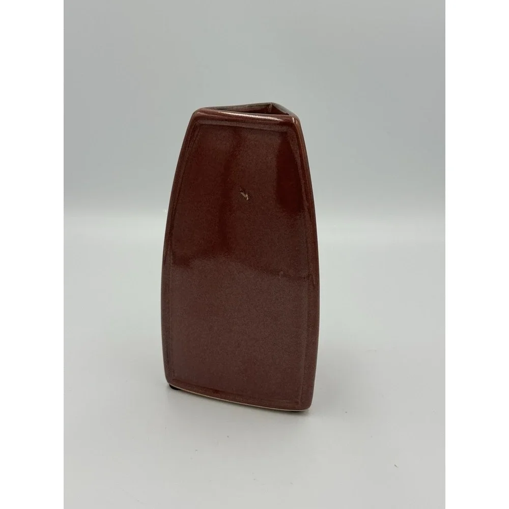 Triangular Red Ceramic Art Vase Glossy Decorative 6 in Free Standing